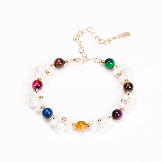 Colorful Crystal Tiger Eye Stone and Pearl Bracelet for Women, Simple and Elegant Gift for Girlfriend and Mom