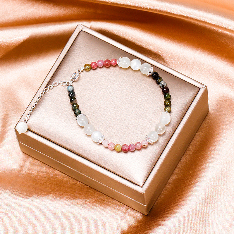 Elegant Crystal and Tourmaline Bracelet - Sterling Silver Women's Handcrafted Korean Edition Gift