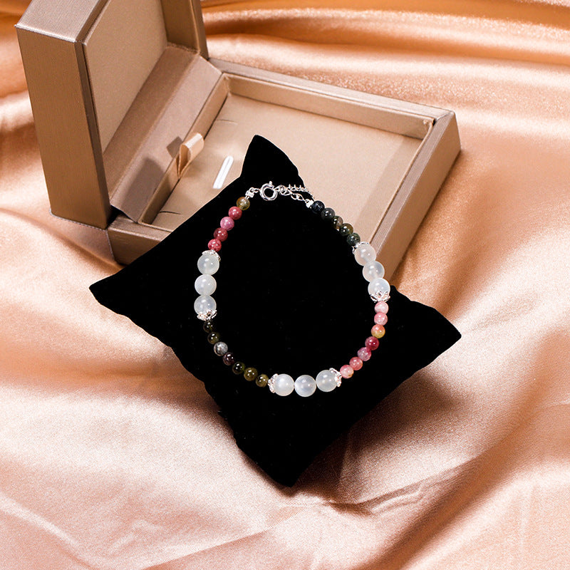 Elegant Crystal and Tourmaline Bracelet - Sterling Silver Women's Handcrafted Korean Edition Gift