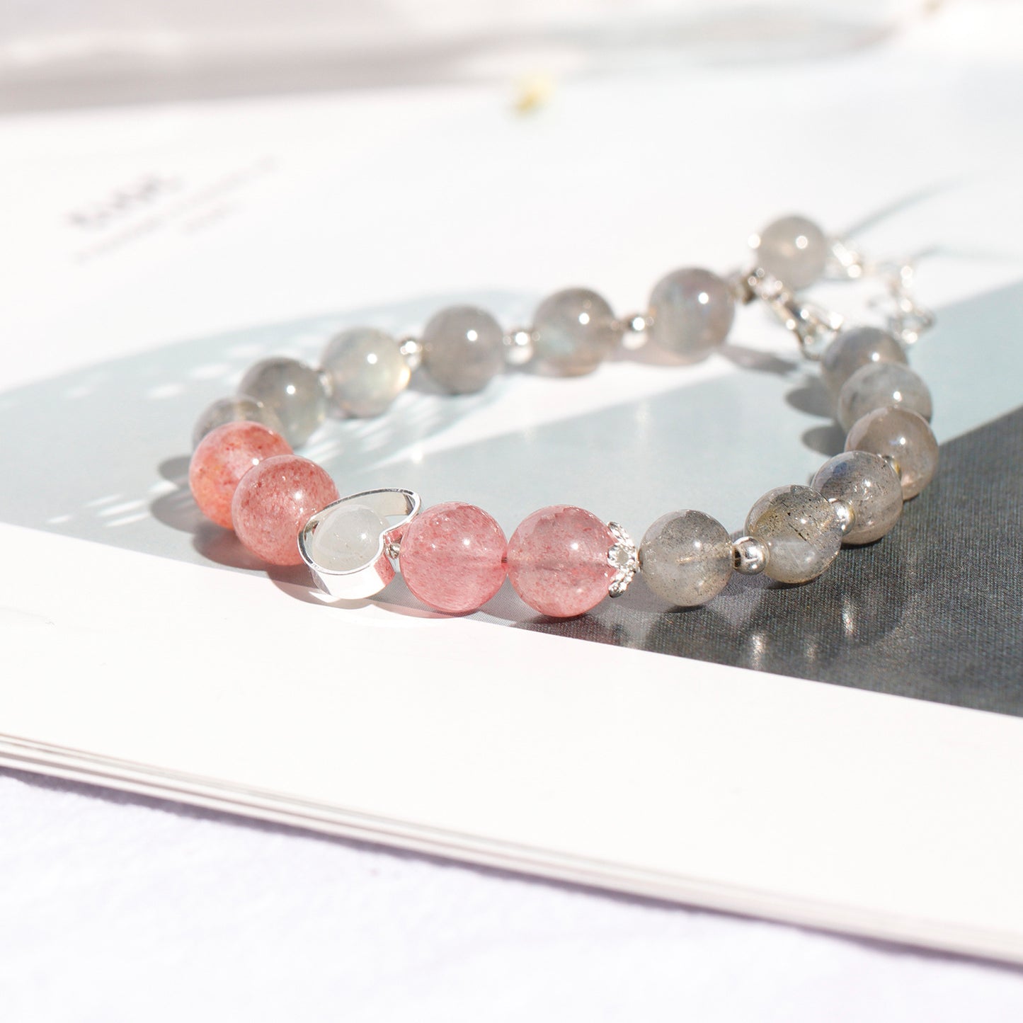 Pink Strawberry Crystal and Moonstone Sterling Silver Bracelet for Women