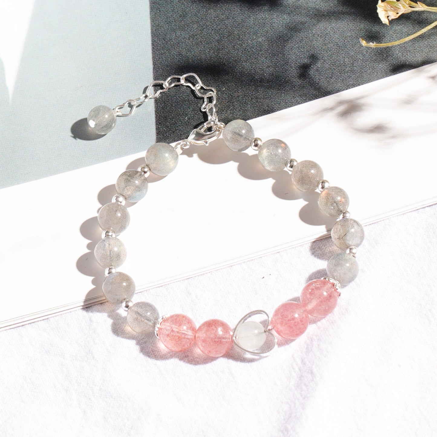 Pink Strawberry Crystal and Moonstone Sterling Silver Bracelet for Women