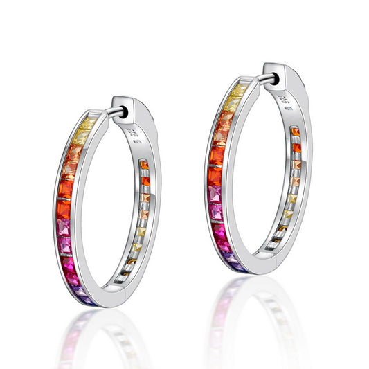 Square Rainbow Zircon Silver Hoop Earrings