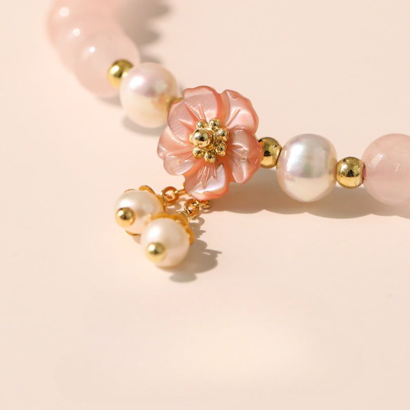 Natural Pink Crystal and Peach Blossom Pearl Best Friend Bracelet