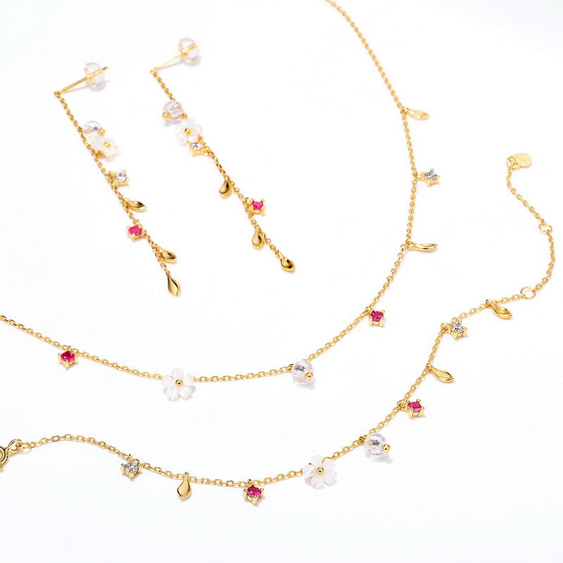 White Pear Blossom Colourful Zircon Long Tassel Sterling Silver Drop Earrings