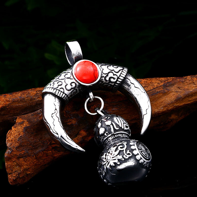 Men's Retro Titanium Steel Pendant with Red Turquoise Gourd Design - Wholesale Stainless Steel Jewelry