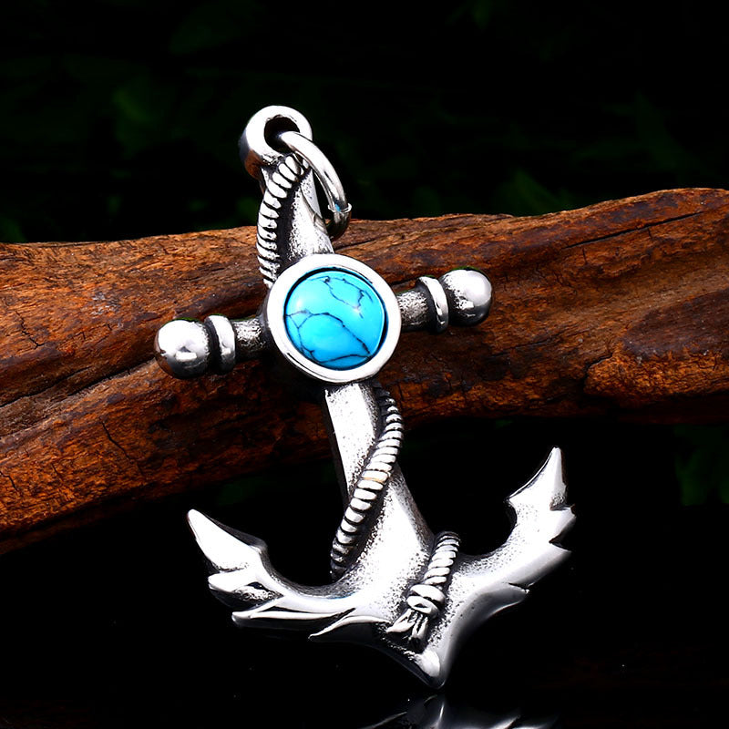 Men's Vintage-Inspired Titanium Steel Pendant with Turquoise Anchor Design - Wholesale Fashion Jewelry