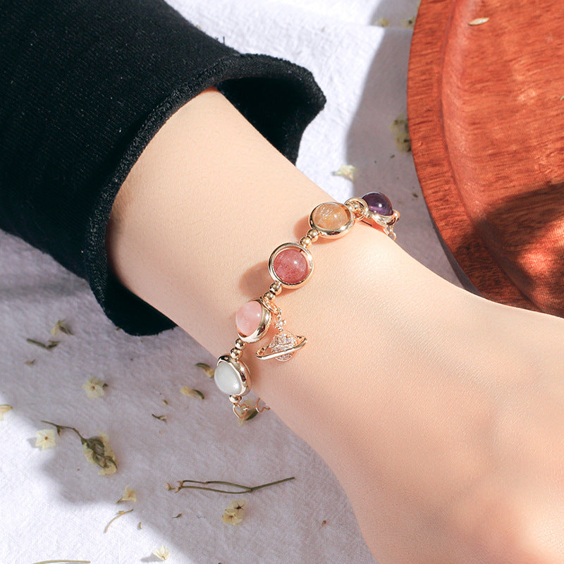 Crystal Strawberry Fortune's Favor Bracelet with Sterling Silver and Peach Blossom Amethyst - Ideal Gift for Girlfriends