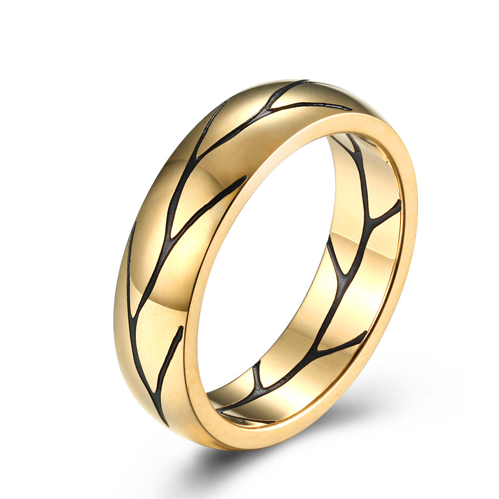 Planderful Men’s Ring Titanium Steel Retro Gold Plated Striped Texture Personalized
