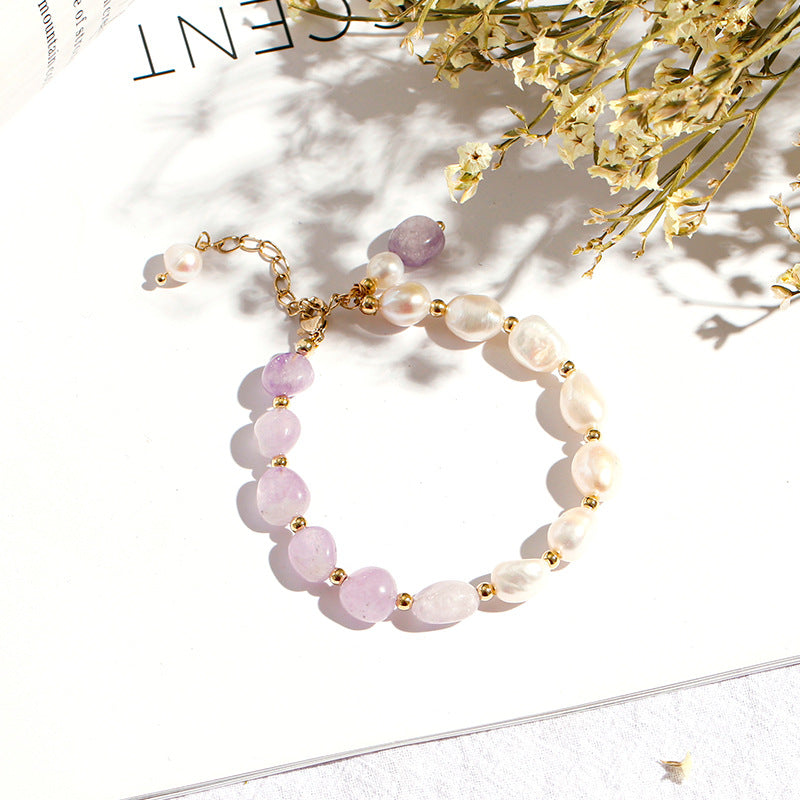 Korean Lavender Amethyst Oval Beaded Sterling Silver Bracelet with Crystal and Pearl