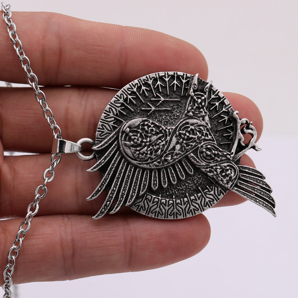 Norse Legacy Viking Rune Crow Necklace with Titanium Steel Chain