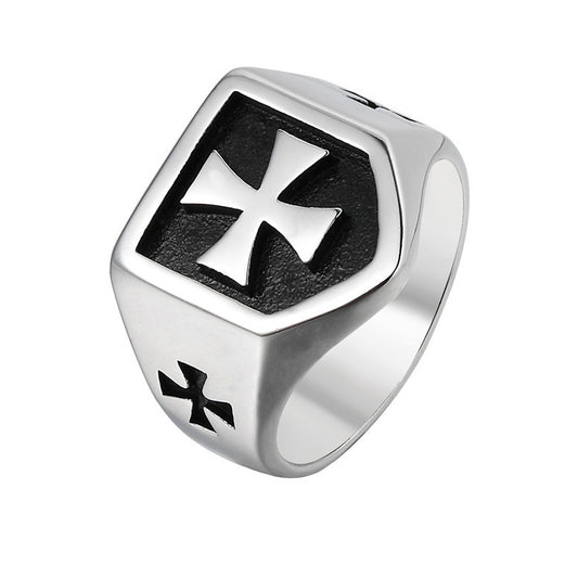 Shield Teutonic Cross Titanium Steel Ring for Men