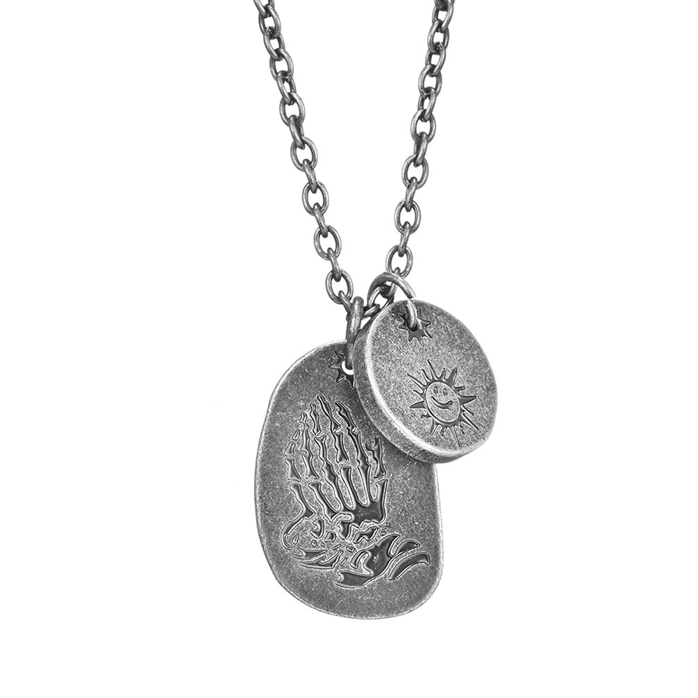 Ins Harajuku Ancient Silver Lightning Smiley Face Double-Layer Necklace for Trendy Men