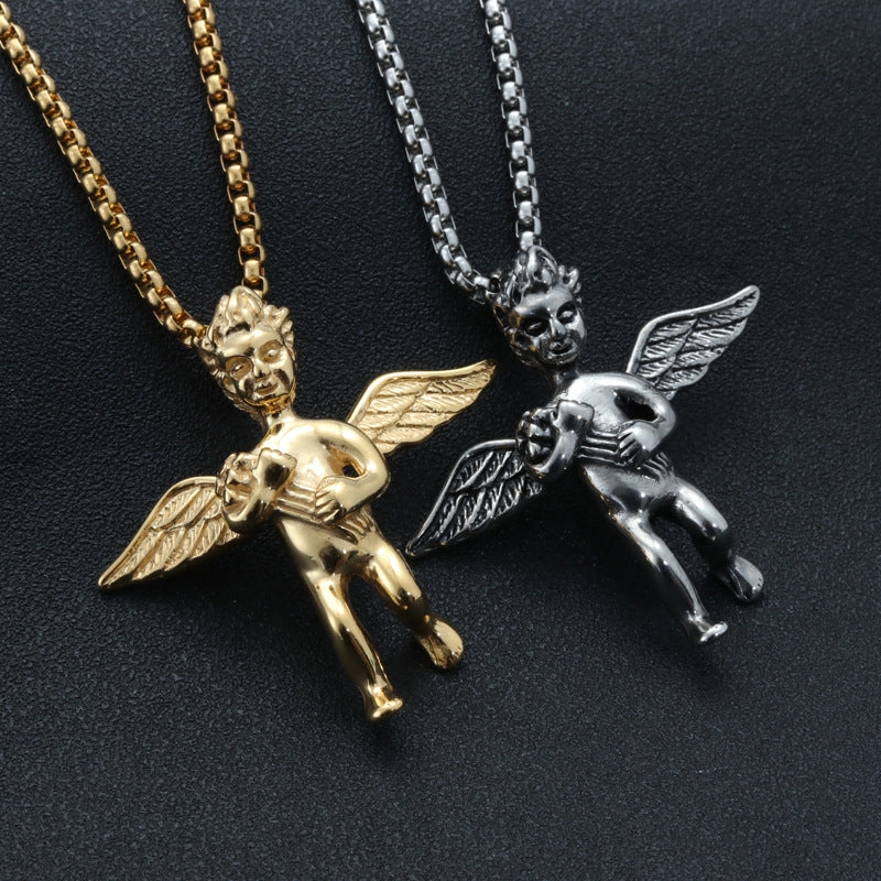 Titanium Steel Angel Pendant Necklace for Men - Punk Hip Hop Style