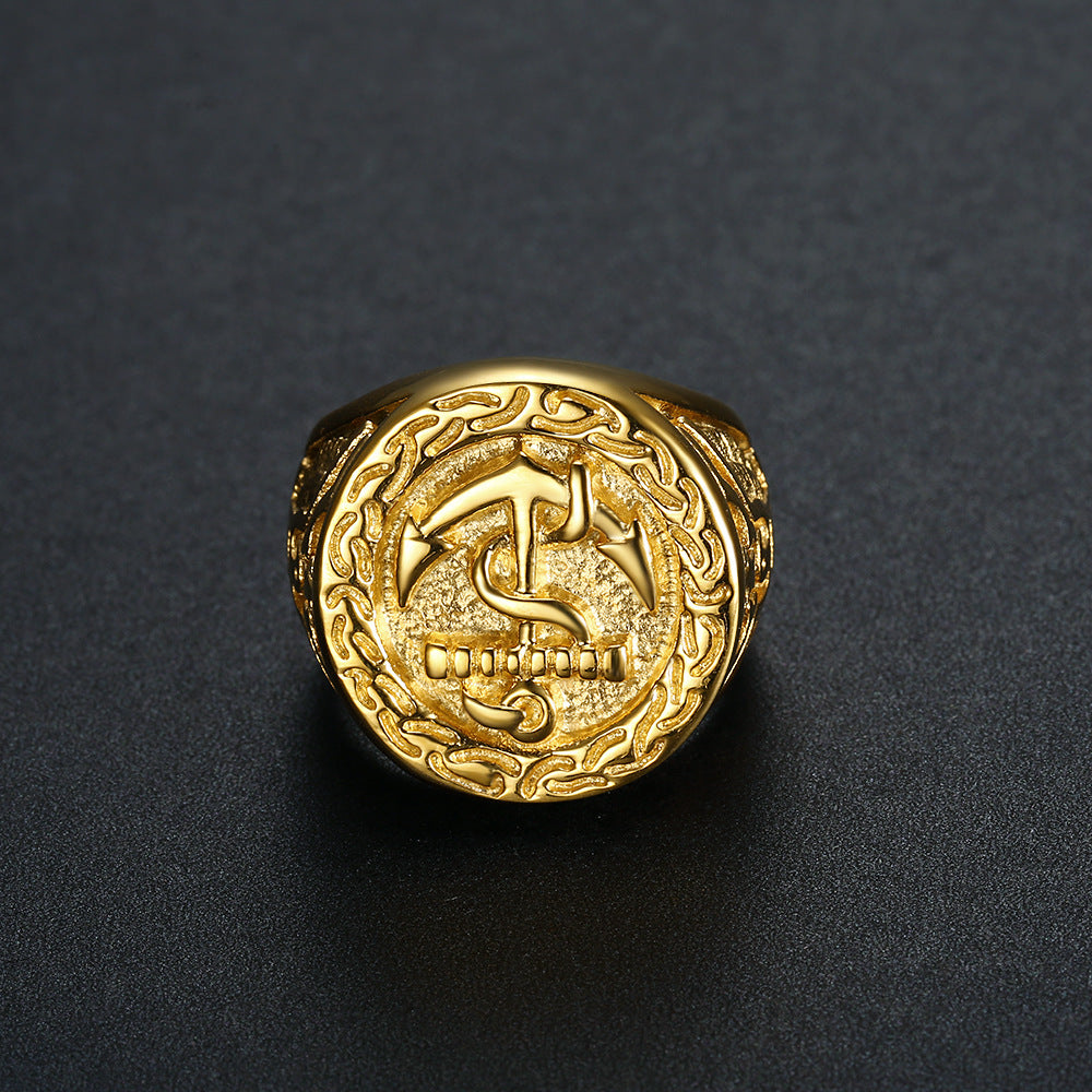 Planderful Everyday Genie Hip Hop Ring For Men Titanium Steel Bold Gold Plated Eagle Anchor