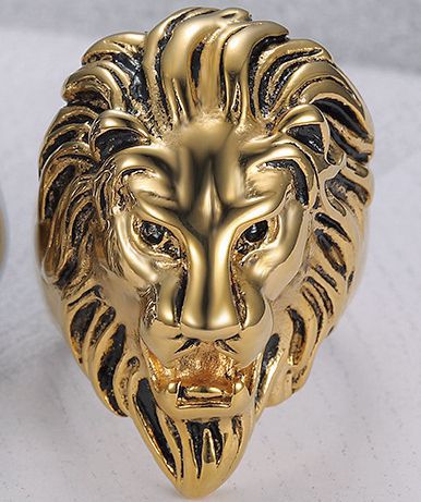 Planderful Hip Hop Ring Lion Head Gold Plated Titanium Steel Everyday Genie For Men Bold Jewelry