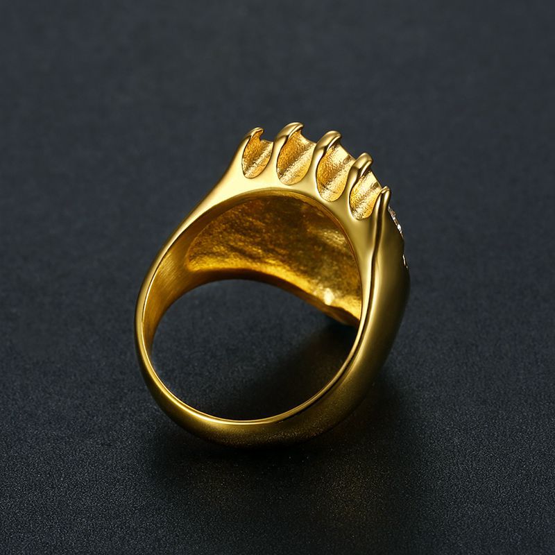 Planderful Everyday Genie Hip Hop Titanium Steel Gold Plated Zircon Crown Lion Head Ring For Men