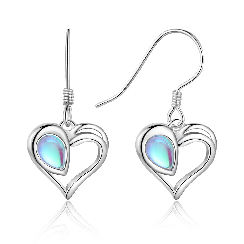 Hollow Heart Pendant Pear Shape Moon Stone Sterling Silver Hook Earrings