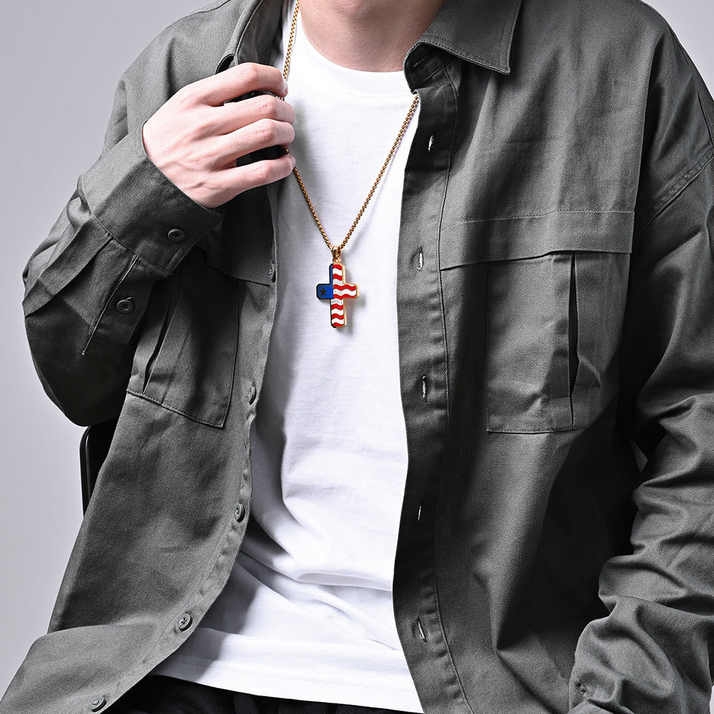 Amazon Jewelry Sellers Hot-Selling Men's Stars and Stripes Cross Necklace