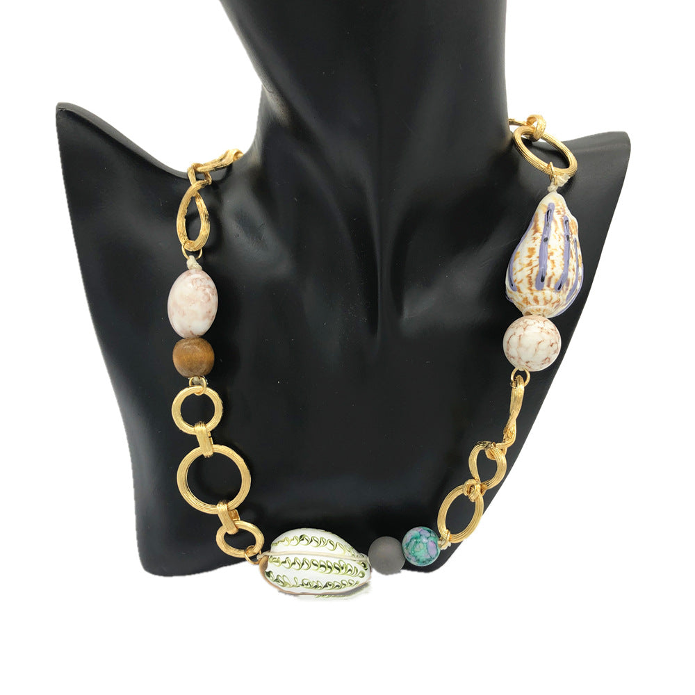 Purple Shell Simple Conch Necklace with Natural Stone Beads for Women