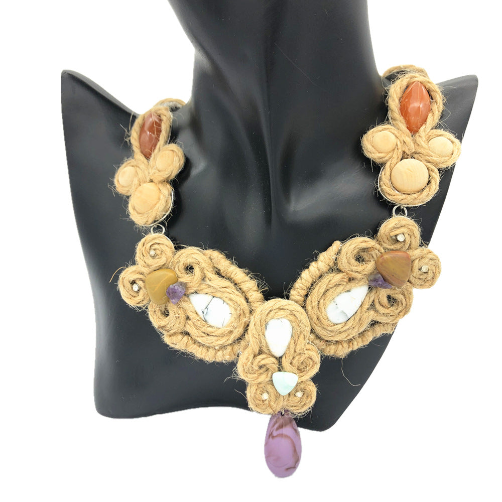 Handcrafted Hemp Rope Necklace with Floral Gem Pendant