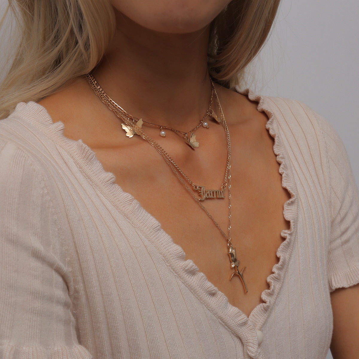 Personalized Flower Letter Necklace Hollow Body With Rose Butterfly Accent by Planderful Vienna Verve For Women