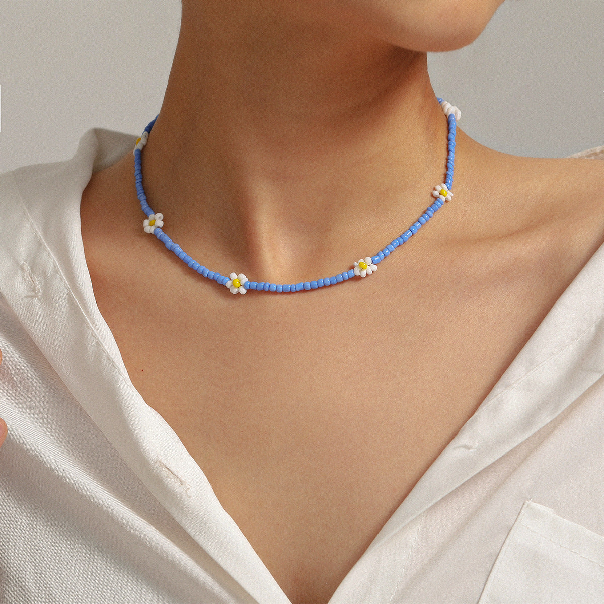 Beaded Daisy Necklace Blue Handmade Personalized Statement Jewelry For Women Planderful