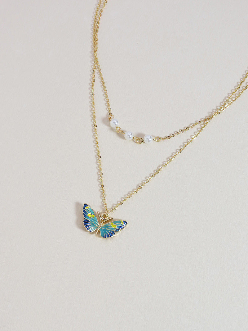 Blue Butterfly Double Necklace with Metal Chain - Vienna Verve Collection