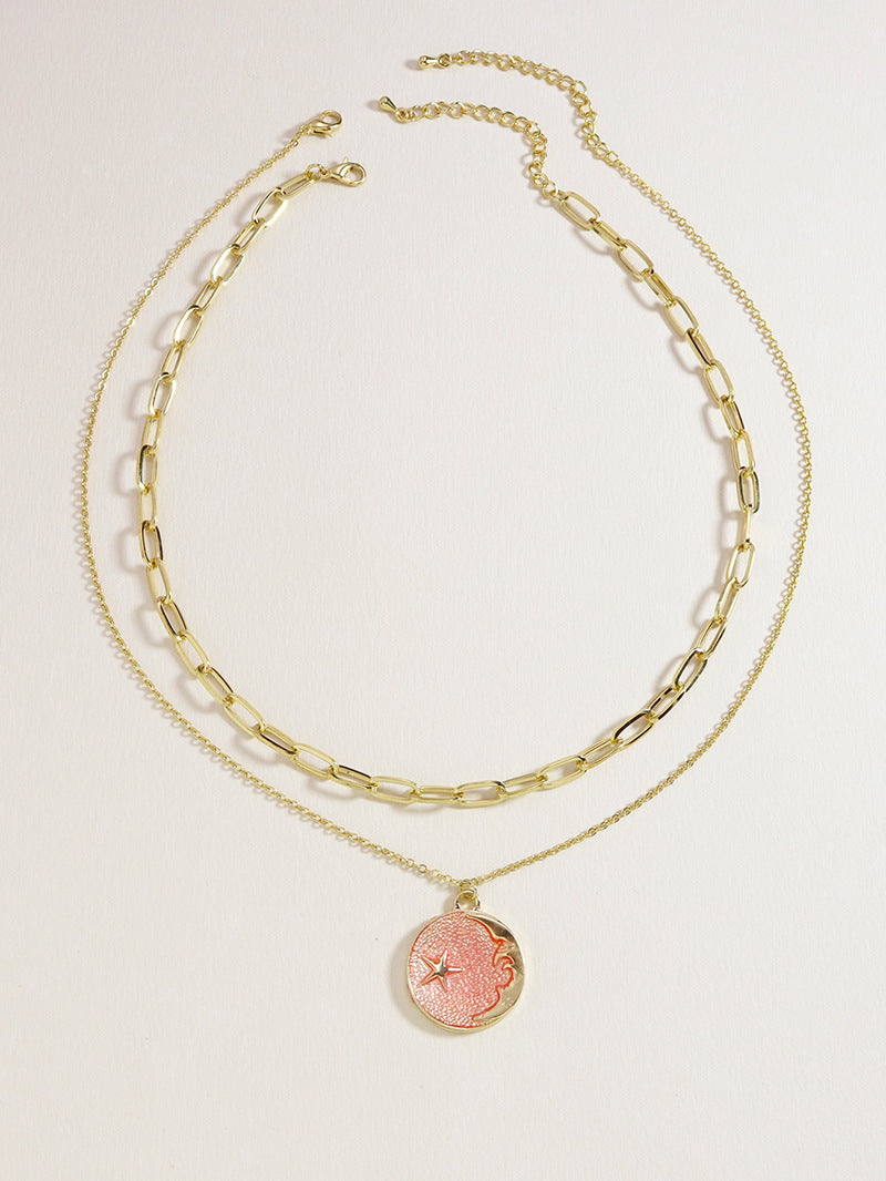 Enchanting Pink Celestial Pendant Set with Dual Necklaces - Stylish Children's Jewelry Piece for Women