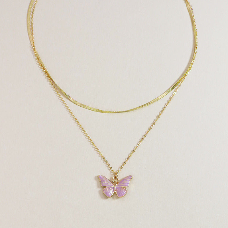 Butterfly Charm Double Layer Pink Necklace - Elegant Fashion Jewelry