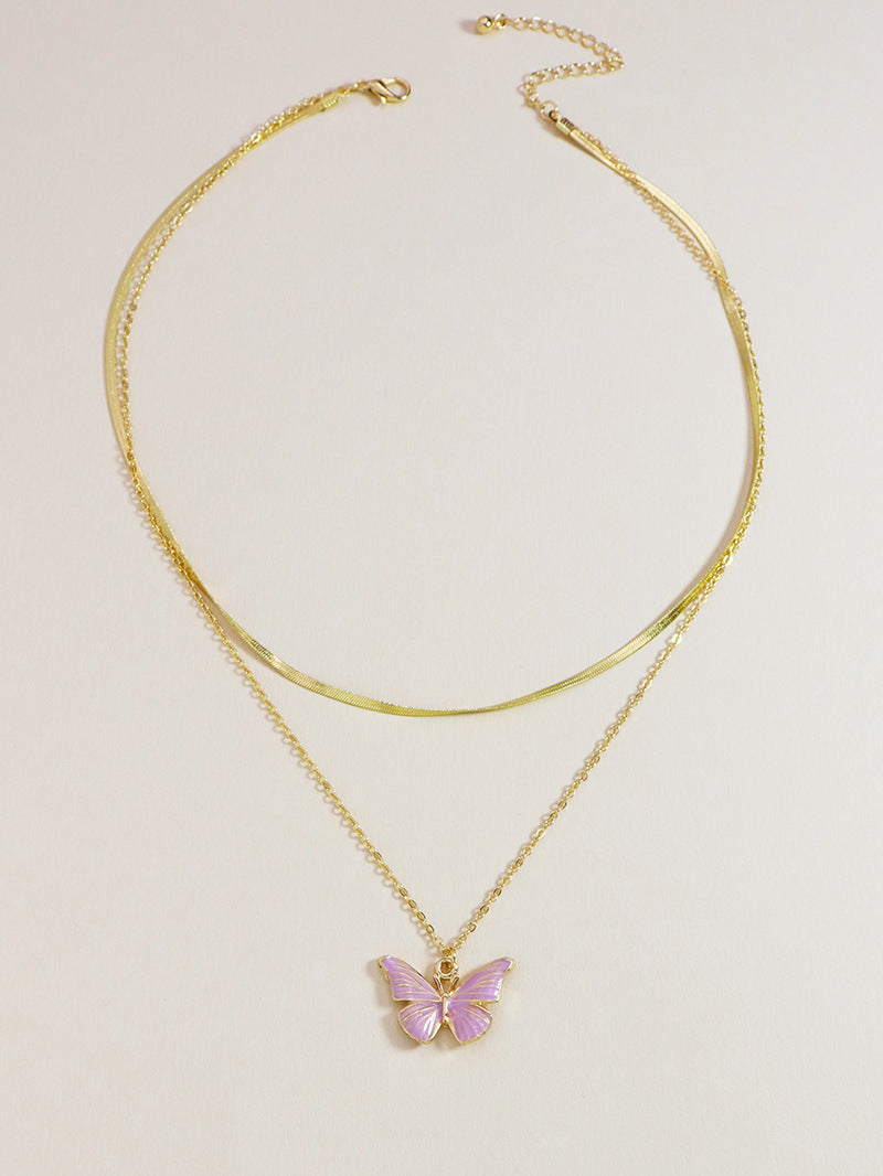 Butterfly Charm Double Layer Pink Necklace - Elegant Fashion Jewelry