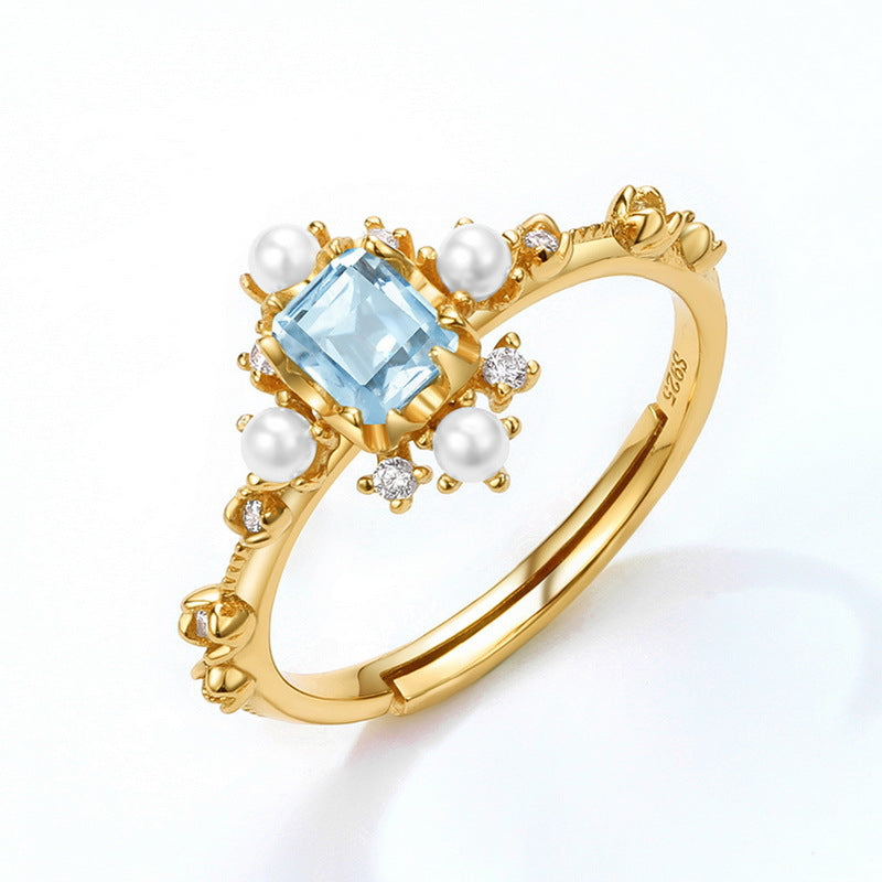 Vintage Pearl Zircon Snowflake with Rectangle Sky Blue Topaz Opening Sterling Silver Ring