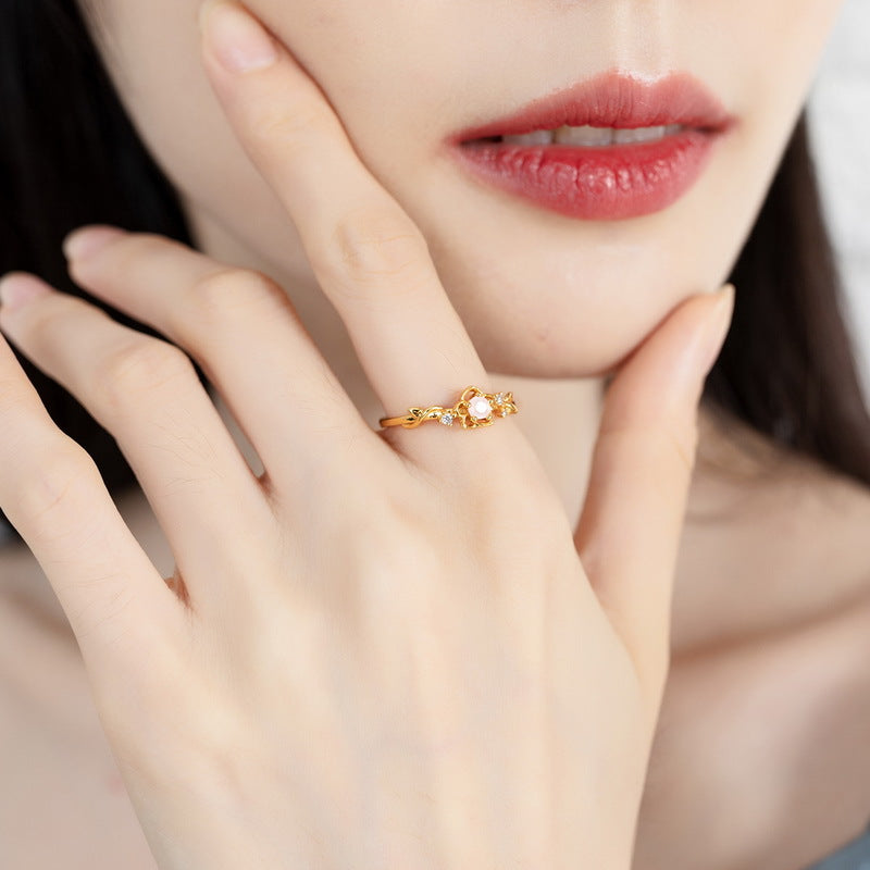 Round Cut Pink Crystal Flower Opening Silver Ring