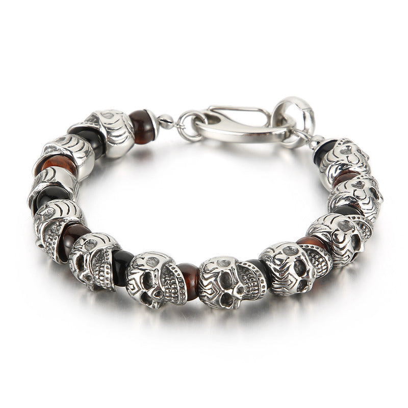 Titanium Steel Skull Bracelet – Tiger's Eye Stone Volcanic Stone Men's Bracelet