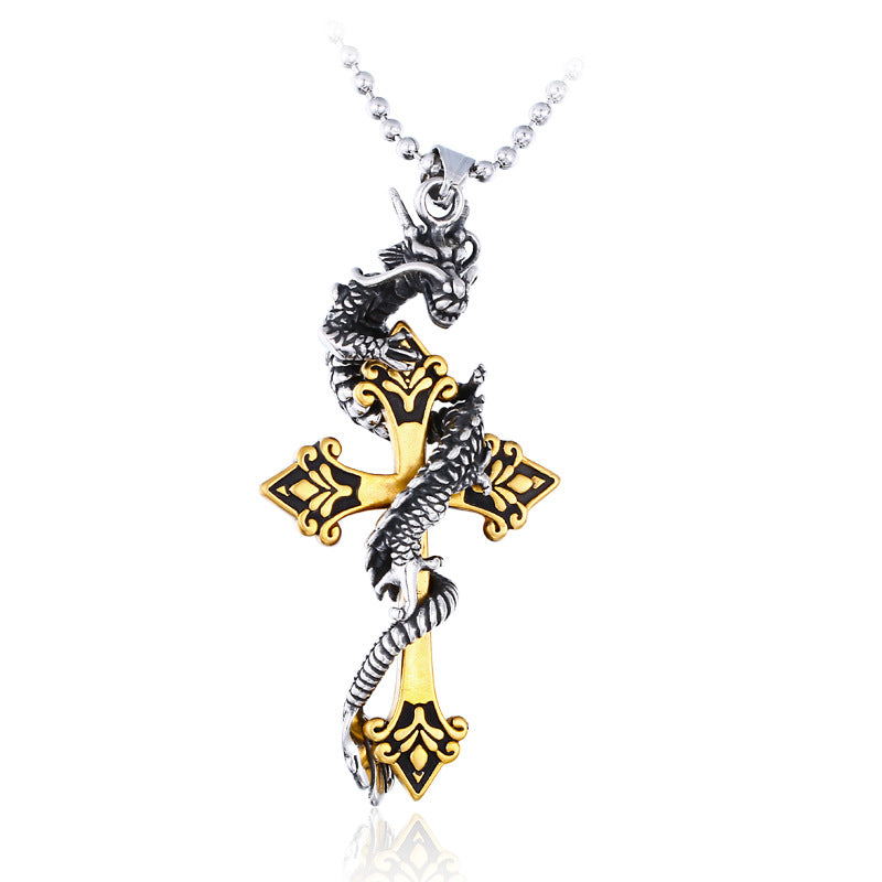 Customizable Men's Titanium Steel Panlong Engraved Cross Pendant - Retro Jewelry Wholesale