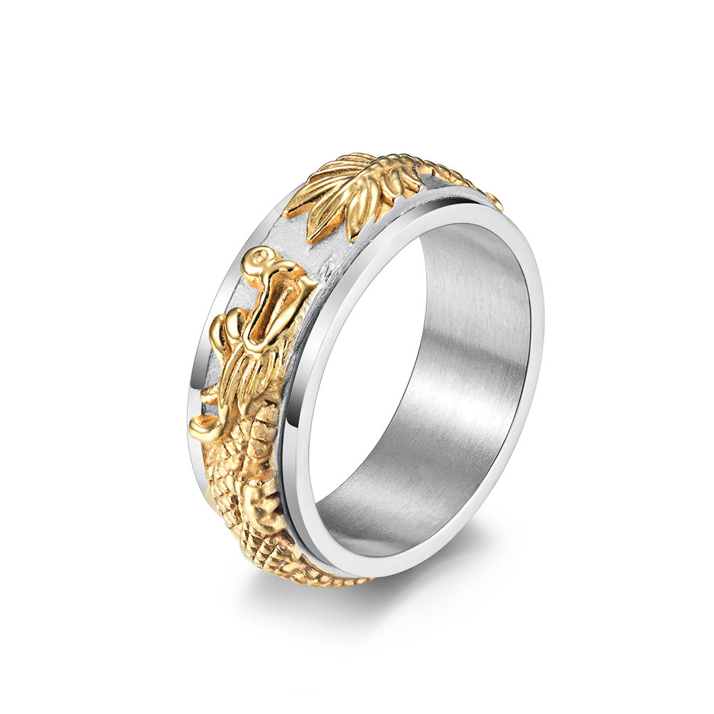 Planderful Titanium Steel Ring Rotary Decompression Gold Plated Dragon Panlong Design For Men Premium Jewelry