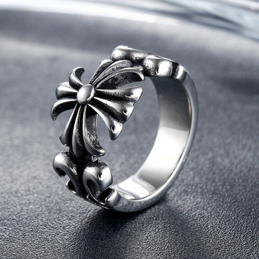 Vintage Cross Flower Titanium Steel Ring for Men