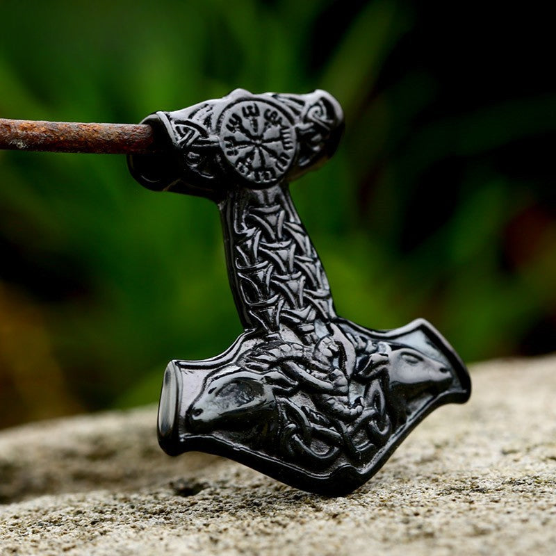 Retro Viking Thor's Hammer Stainless Steel Pendant for Men - European and American Titanium Steel Jewelry