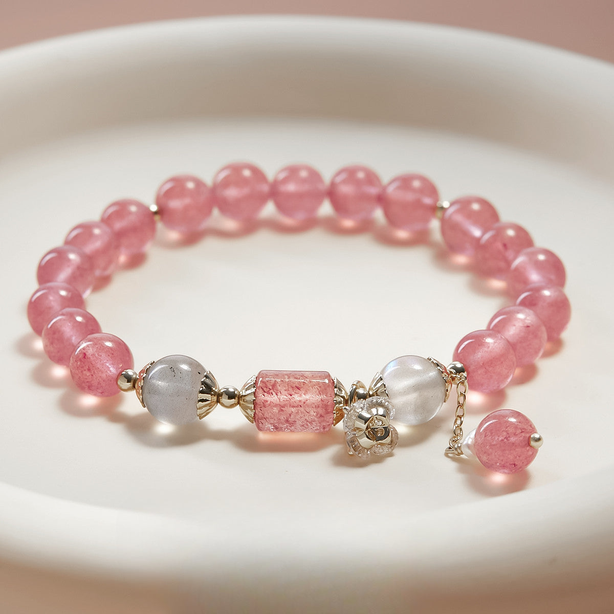 Delicate Pink Crystal Peach Blossom Bracelet - Sterling Silver