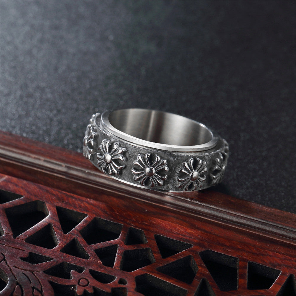 Row of Oblique Cross Flower Rotating Titanium Steel Ring for Men