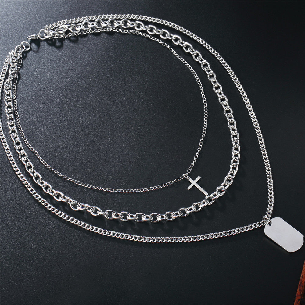 Planderful Stainless Steel Necklace Unisex Multilayer Cross Pendant Long Statement Jewelry