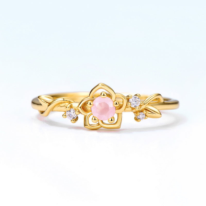 Round Cut Pink Crystal Flower Opening Silver Ring
