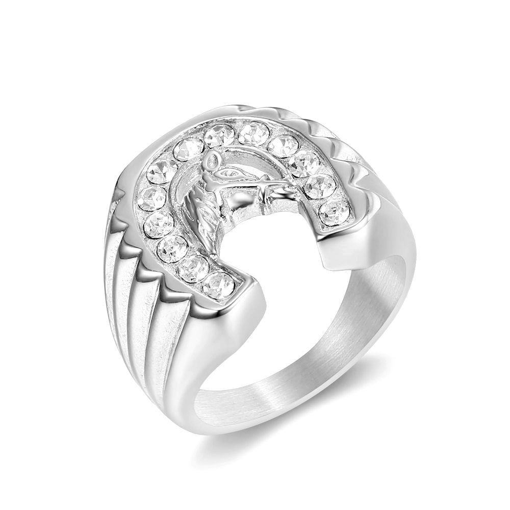 Planderful Everyday Genie Hip Hop Ring For Men Titanium Steel Gold Plated Zircon Horse Head Bold Trendy