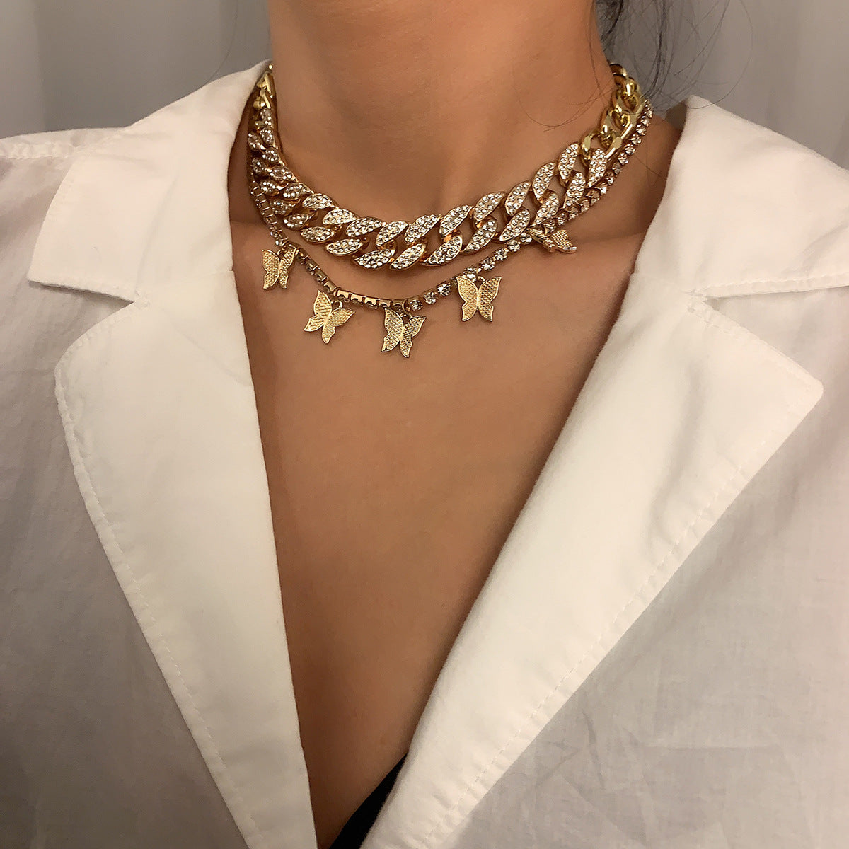 Planderful Vienna Verve Exaggerated Zircon Cuban Chain Necklace With Butterfly Tassel For Bold Fashion Statement