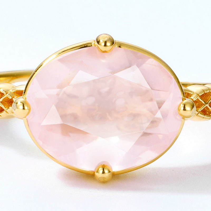 Oval Pink Crystal Woven Pattern Opening Silver Ring
