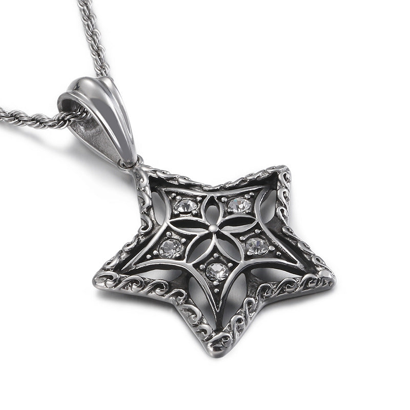 European-American Retro Star Pendant with Diamond Accent - Men's Stainless Steel Jewelry Piece