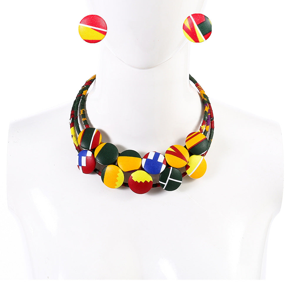 African Inspired Collar Necklace and Earrings Set with Floral Buckle Detail