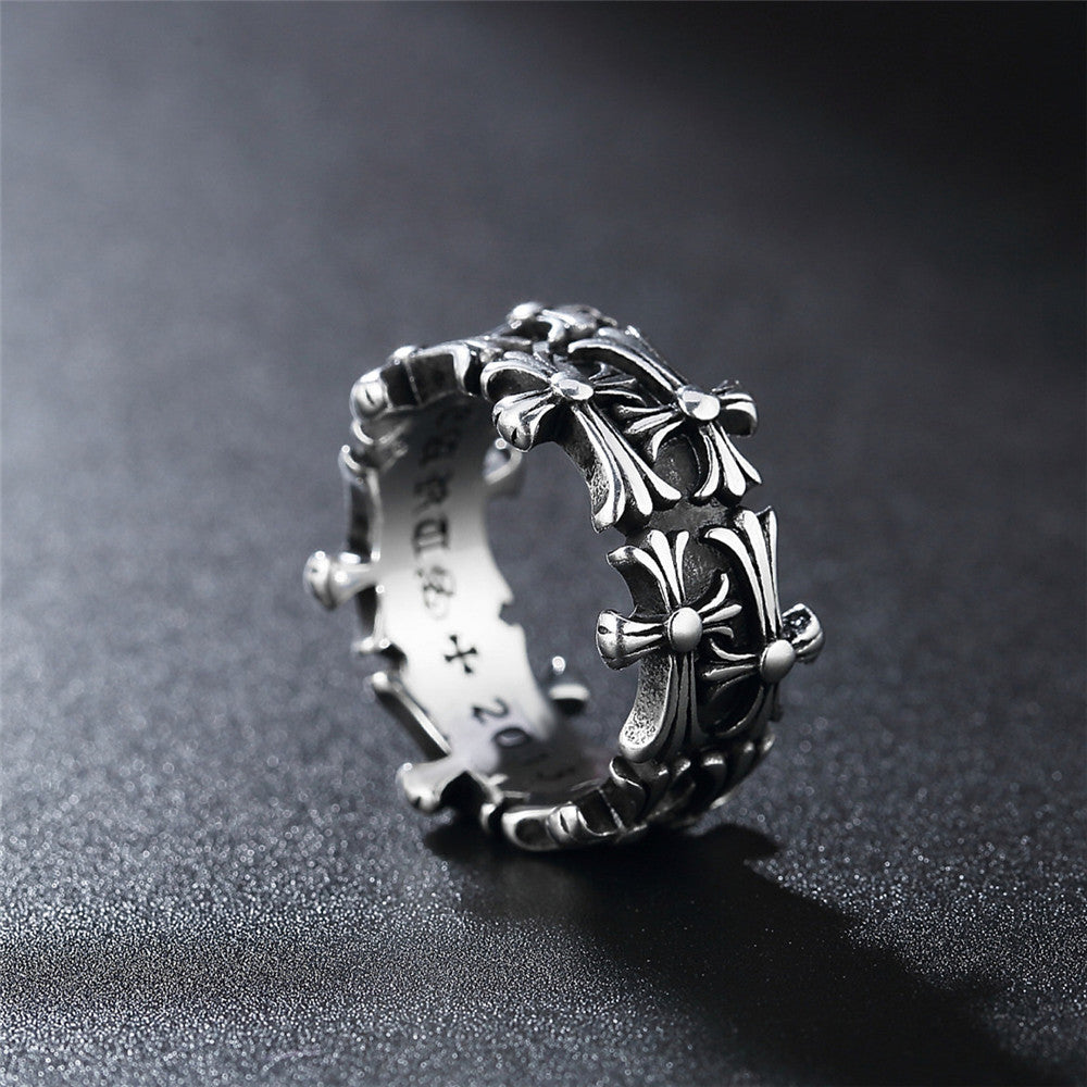 Double Row of Cross Flower Titanium Steel Ring for Men