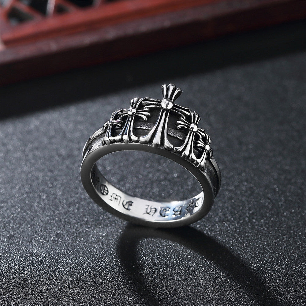 Cross Flower Crown Titanium Steel Ring for Men