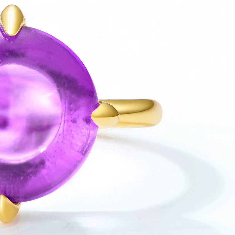Minimalist Round Shape Amethyst Opening Sterling Silver Ring