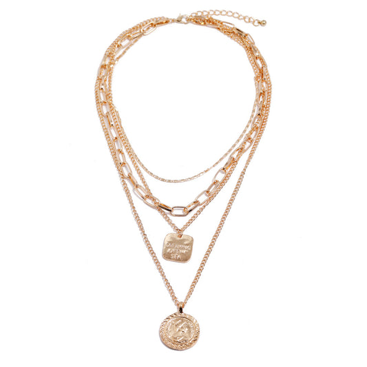 Gold Coin Pendant Multi-layer Necklace with Ethnic Style Embellishments